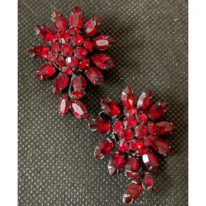 Vintage Schreiner Ruby Red Domed Clip-On Earrings With Layered Prong-Set Rhinest